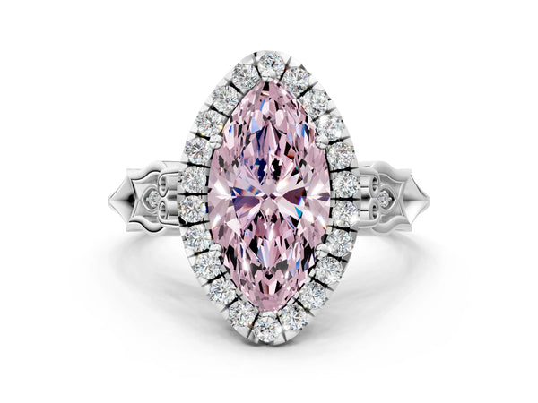 Platinum Fancy Pink Marquise  Halo Diamond Engagement Ring with Filigree Band and Four-Prong Setting