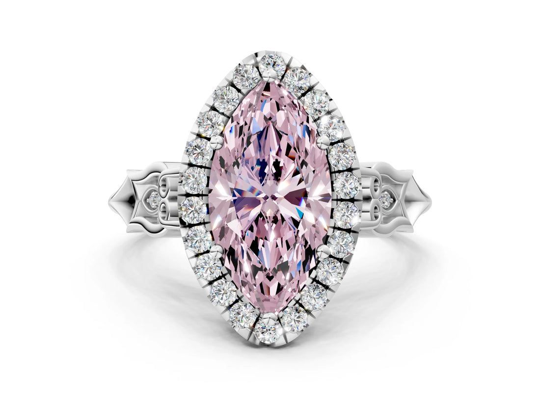 White gold Fancy Pink Marquise  Halo Diamond Engagement Ring with Filigree Band and Four-Prong Setting_105