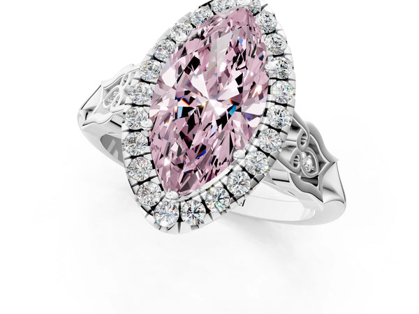 Platinum Fancy Pink Marquise  Halo Diamond Engagement Ring with Filigree Band and Four-Prong Setting