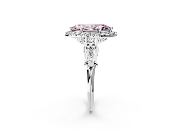 Platinum Fancy Pink Marquise  Halo Diamond Engagement Ring with Filigree Band and Four-Prong Setting