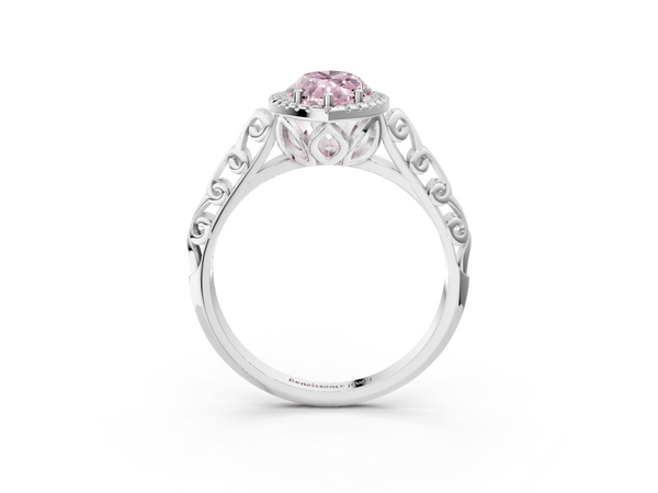 White gold Fancy Pink Marquise  Halo Diamond Engagement Ring with Intricate Filigree Band and Four-Prong Setting