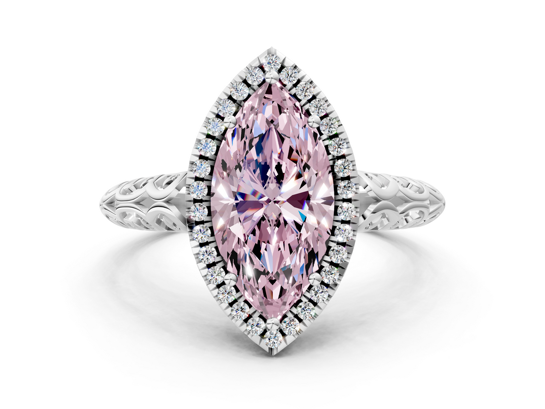White gold Fancy Pink Marquise  Halo Diamond Engagement Ring with Intricate Filigree Band and Four-Prong Setting_76
