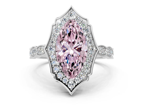 Platinum Fancy Pink Marquise  Halo Diamond Engagement Ring with Milgrain Band and Four-Prong Setting