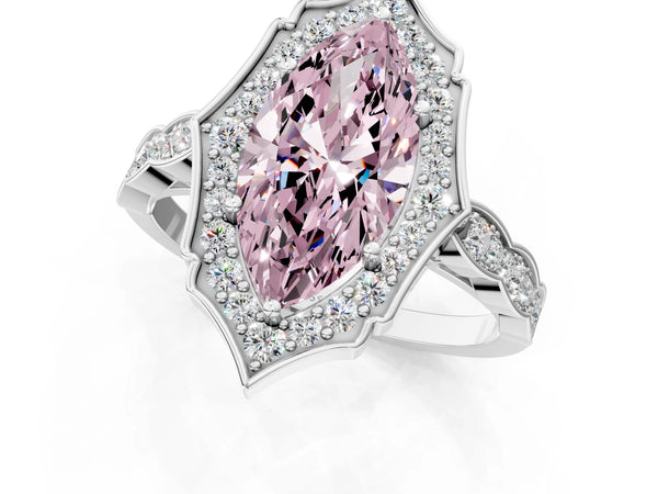 Platinum Fancy Pink Marquise  Halo Diamond Engagement Ring with Milgrain Band and Four-Prong Setting