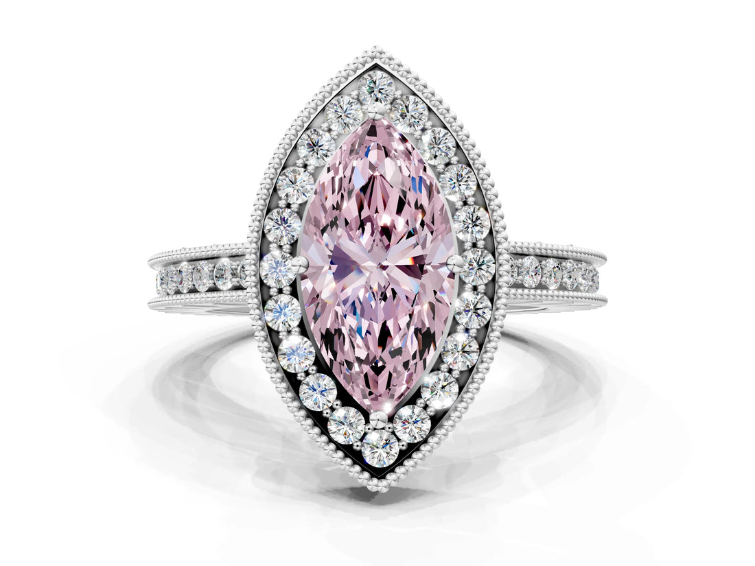 White gold Fancy Pink Marquise  Halo Diamond Engagement Ring with Milgrain Pave Band and Four-Prong Setting_49