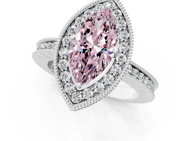 Platinum Fancy Pink Marquise  Halo Diamond Engagement Ring with Milgrain Pave Band and Four-Prong Setting