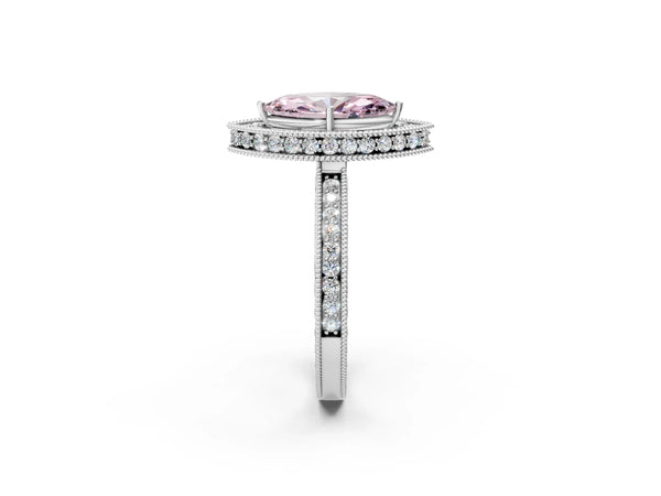 Platinum Fancy Pink Marquise  Halo Diamond Engagement Ring with Milgrain Pave Band and Four-Prong Setting