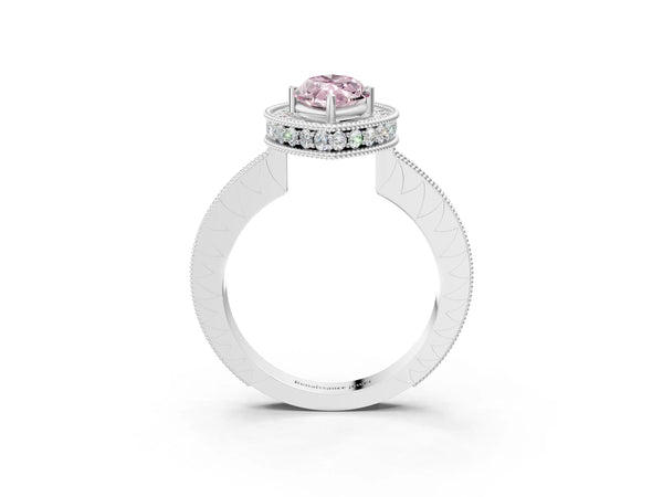 Platinum Fancy Pink Marquise  Halo Diamond Engagement Ring with Milgrain Pave Band and Four-Prong Setting