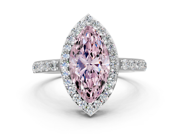 Platinum Fancy Pink Marquise  Halo Diamond Pavé Band Ring with Prong Setting