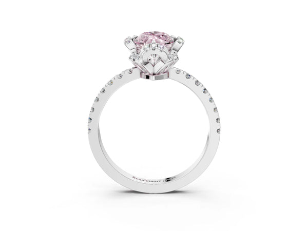 White gold Fancy Pink Marquise  Halo Diamond Pave Band Ring with Four-Prong Setting