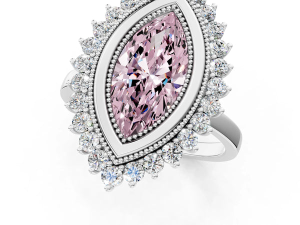White gold Fancy Pink Marquise  Halo Diamond Ring with Milgrain Edge and Round Prong Setting