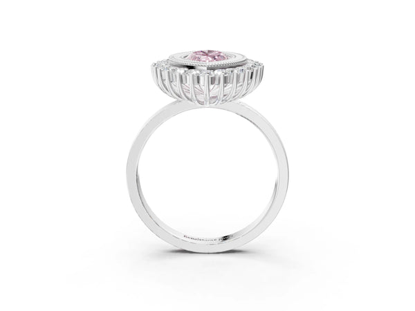 White gold Fancy Pink Marquise  Halo Diamond Ring with Milgrain Edge and Round Prong Setting