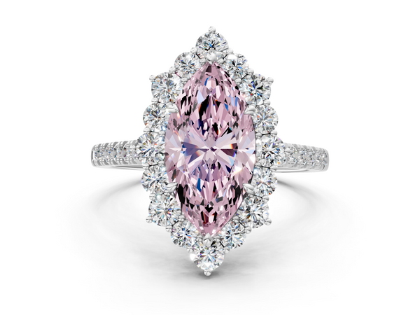 White gold Fancy Pink Marquise  Halo Diamond Ring with Pavé Band and Prong Setting