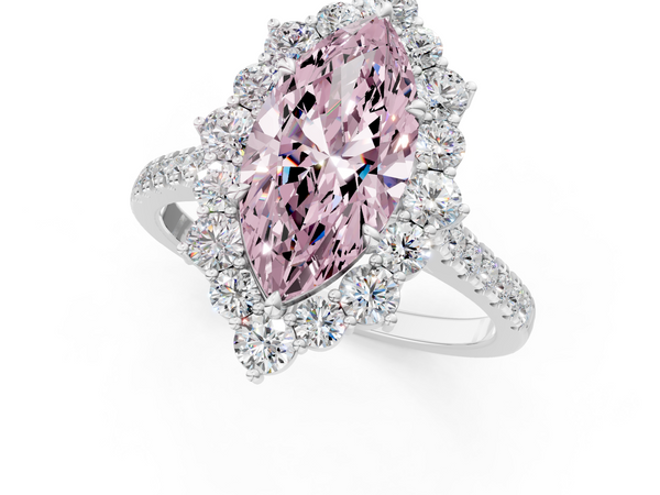 White gold Fancy Pink Marquise  Halo Diamond Ring with Pavé Band and Prong Setting
