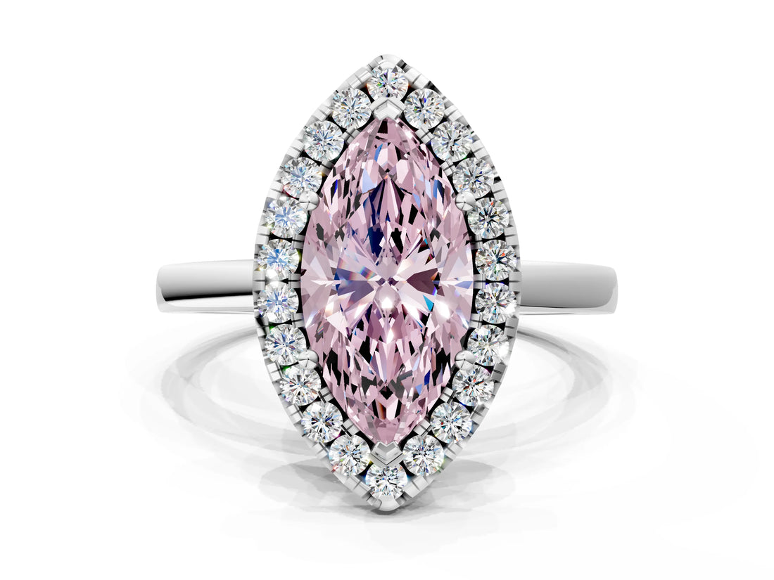 White gold Fancy Pink Marquise  Halo Diamond Solitaire with Pavé Band and Four-Prong Setting_104
