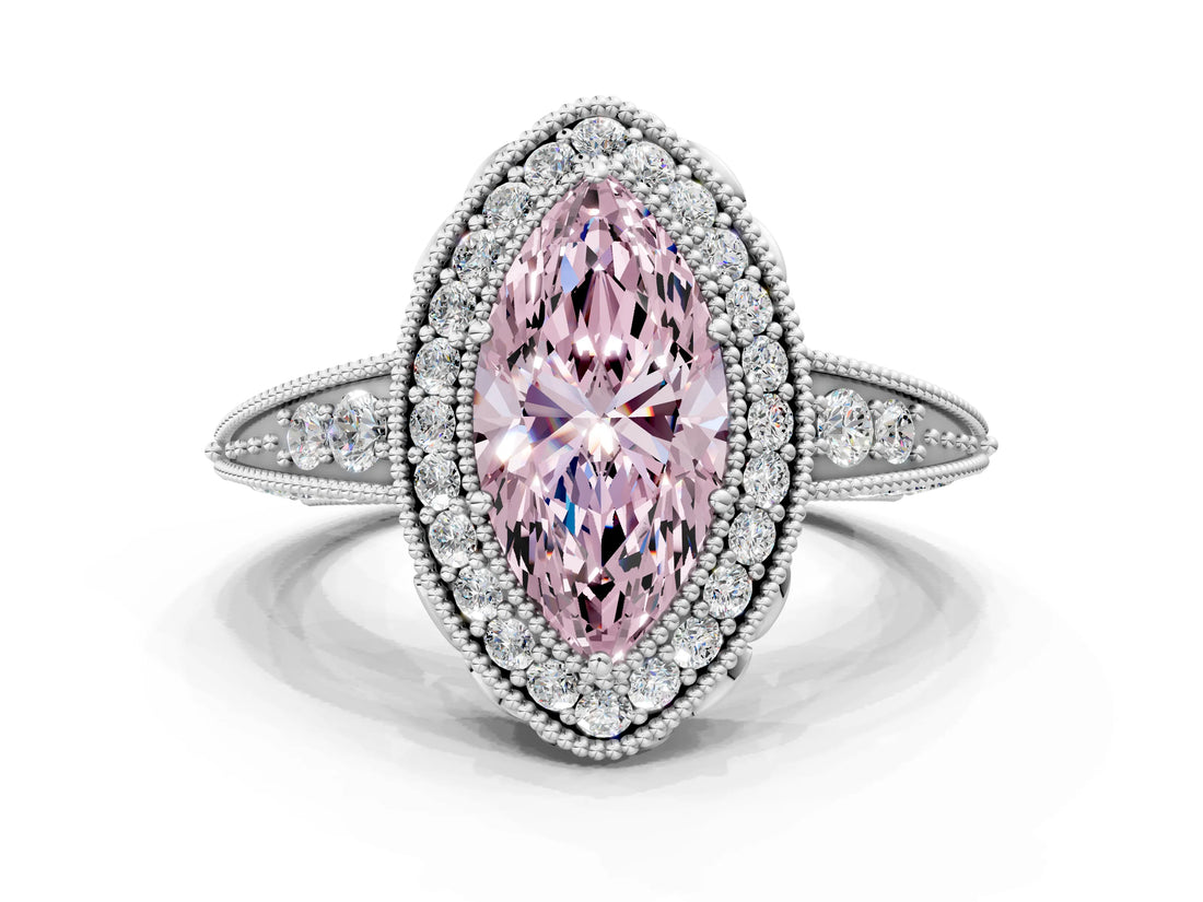 White gold Fancy Pink Marquise  Halo Diamond Split Shank Ring with Milgrain Detail_49