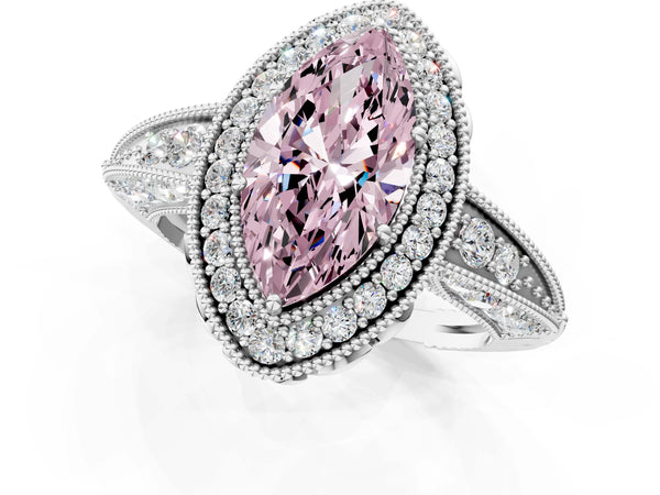 Platinum Fancy Pink Marquise  Halo Diamond Split Shank Ring with Milgrain Detail