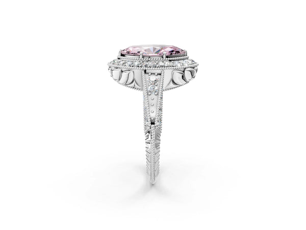 Platinum Fancy Pink Marquise  Halo Diamond Split Shank Ring with Milgrain Detail