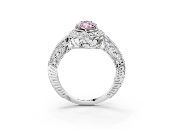 Platinum Fancy Pink Marquise  Halo Diamond Split Shank Ring with Milgrain Detail