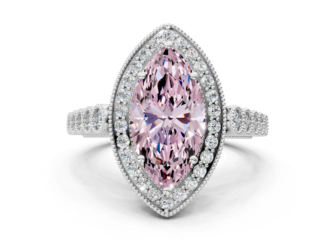 White gold Fancy Pink Marquise  Halo Milgrain Solitaire with Bezel Set Side Stones and Pave Band_32