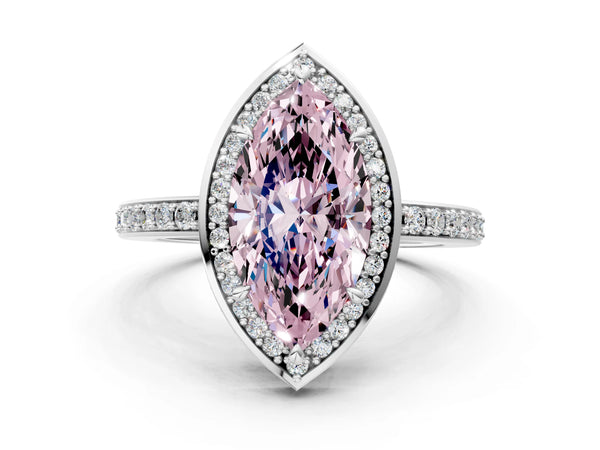White gold Fancy Pink Marquise  Halo Pave Band Solitaire Ring with Prong Setting