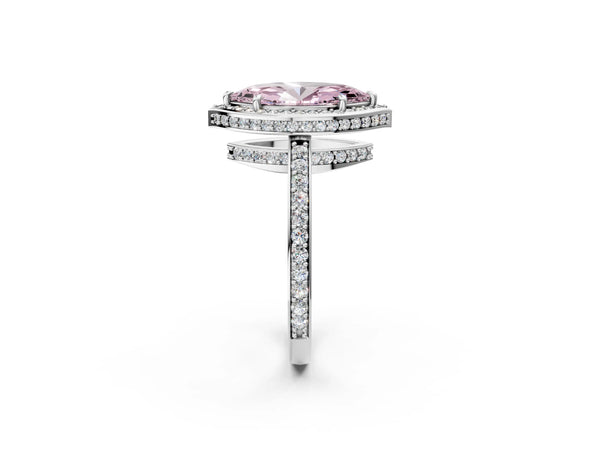 White gold Fancy Pink Marquise  Halo Pave Band Solitaire Ring with Prong Setting