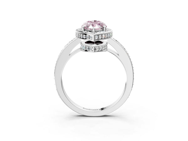 White gold Fancy Pink Marquise  Halo Pave Band Solitaire Ring with Prong Setting
