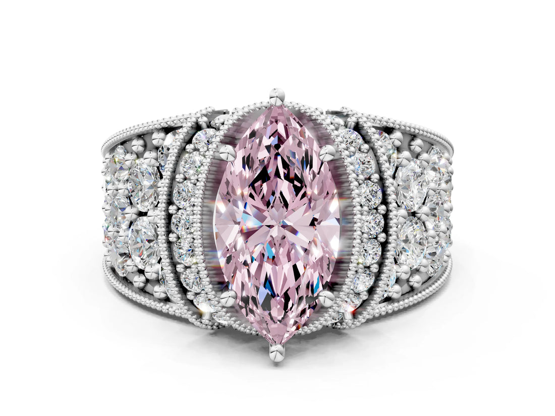 White gold Fancy Pink Marquise  Halo Pave Diamond Engagement Ring with Milgrain Detailing_49