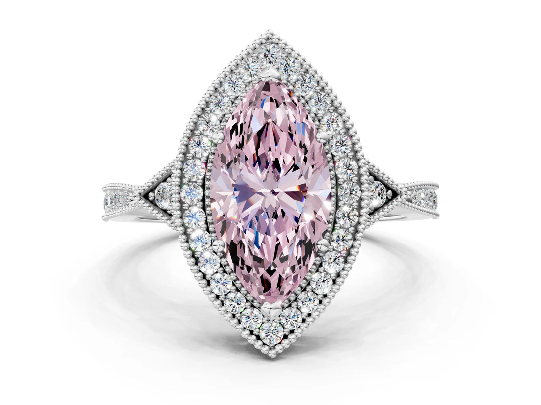 White gold Fancy Pink Marquise  Halo Round Diamond Milgrain Pave Engagement Ring_3