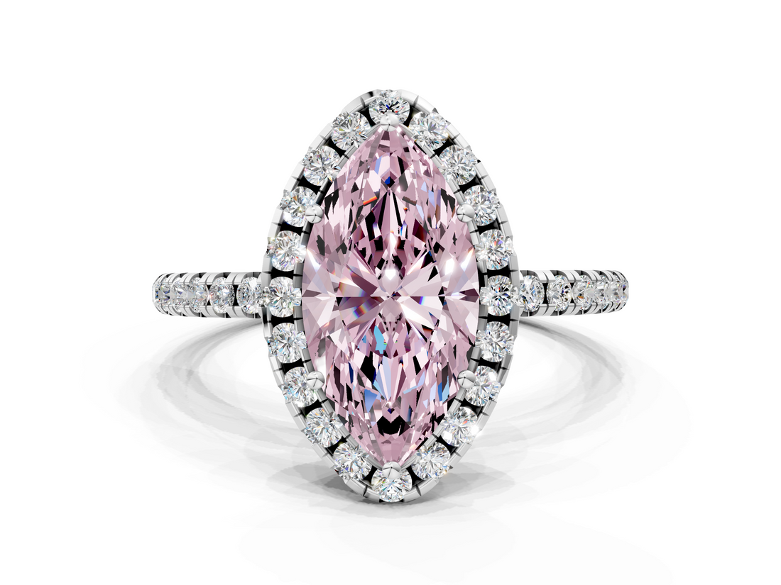 White gold Fancy Pink Marquise  Halo Round Diamond Pavé Band Four-Prong Ring_3