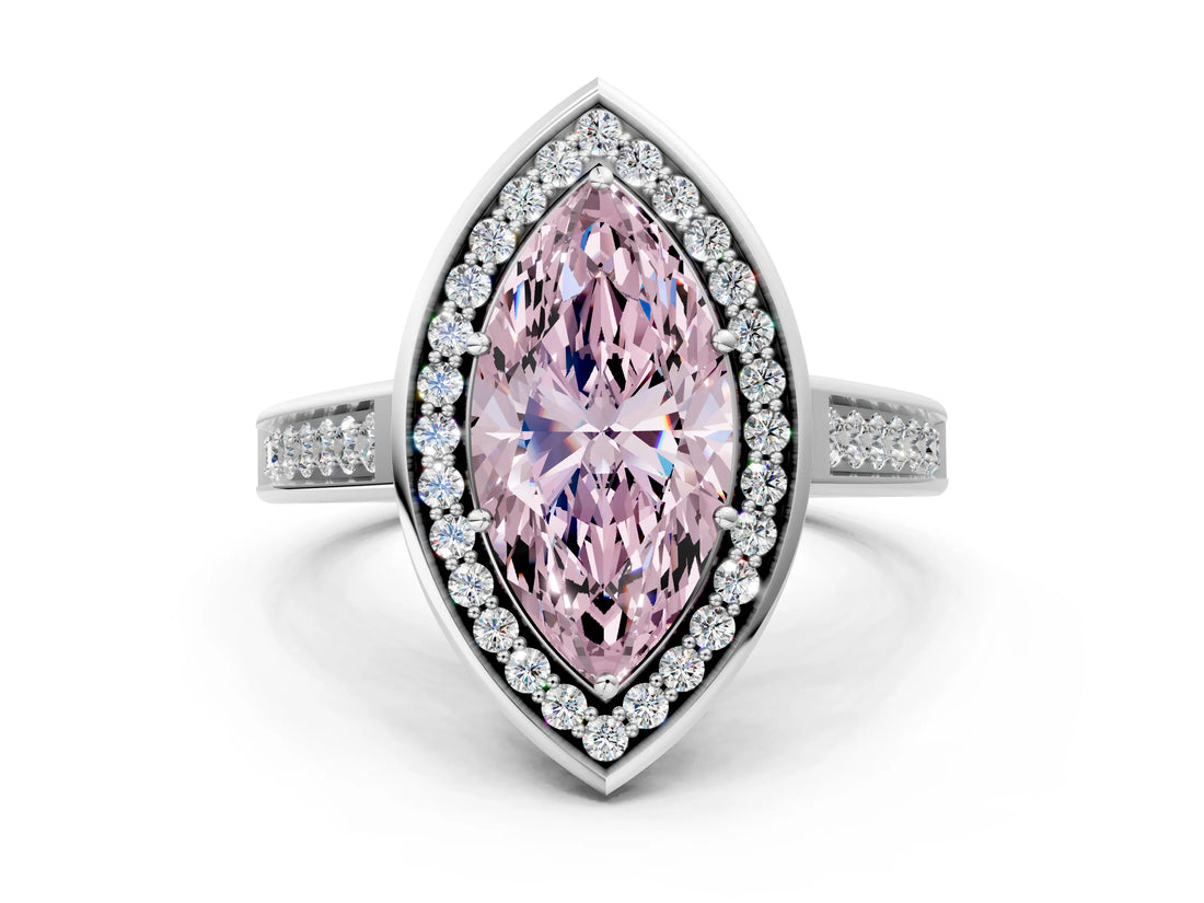 White gold Fancy Pink Marquise  Halo Solitaire Diamond Ring with Pave Band and Bezel Setting_48