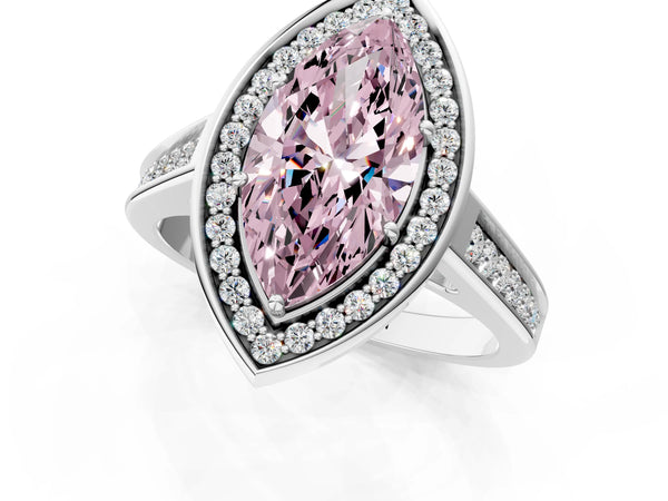 White gold Fancy Pink Marquise  Halo Solitaire Diamond Ring with Pave Band and Bezel Setting