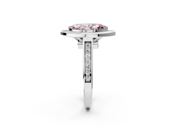 White gold Fancy Pink Marquise  Halo Solitaire Diamond Ring with Pave Band and Bezel Setting