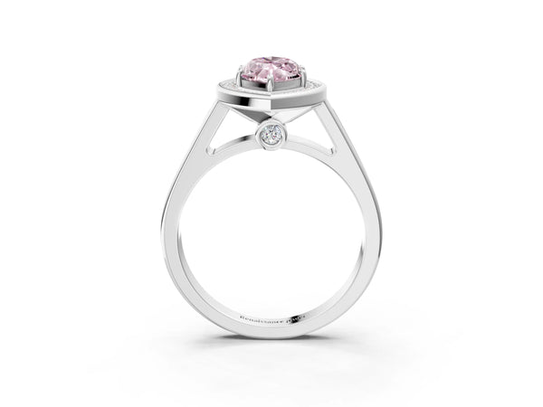White gold Fancy Pink Marquise  Halo Solitaire Diamond Ring with Pave Band and Bezel Setting