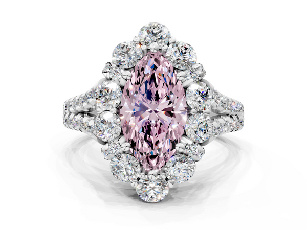 White gold Fancy Pink Marquise  Halo Split Shank Diamond Engagement Ring with Pave Band and Four-Prong Setting