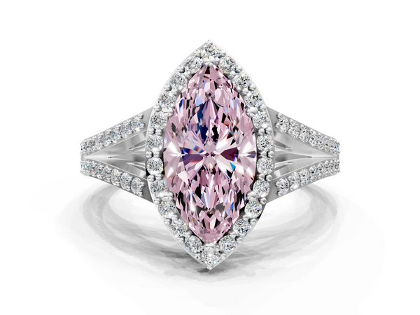 Platinum Fancy Pink Marquise  Halo Split Shank Diamond Ring with Prong Setting