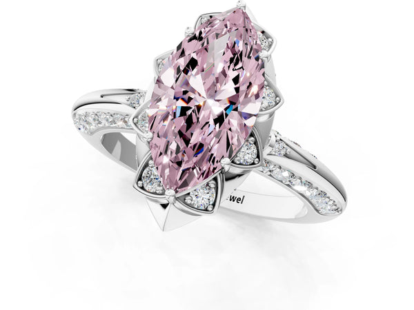 Platinum Fancy Pink Marquise  Halo Split Shank Pave Diamond Ring with Petal Prong Setting