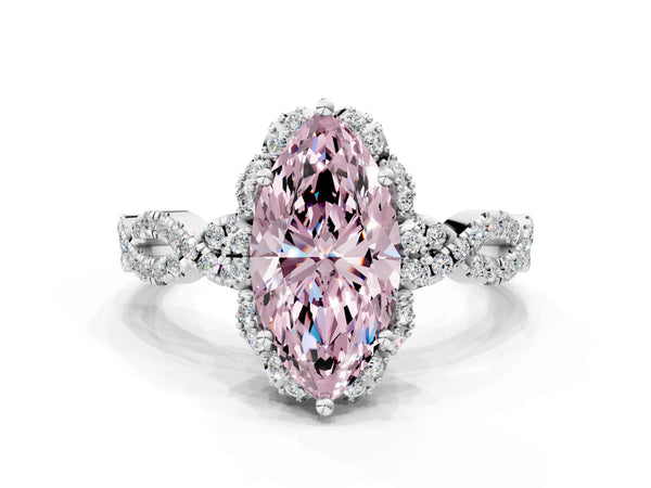 White gold Fancy Pink Marquise  Halo Twist Band Solitaire Ring with Six-Prong Setting