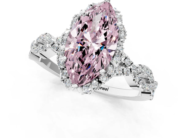 White gold Fancy Pink Marquise  Halo Twist Band Solitaire Ring with Six-Prong Setting