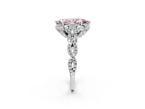 White gold Fancy Pink Marquise  Halo Twist Band Solitaire Ring with Six-Prong Setting