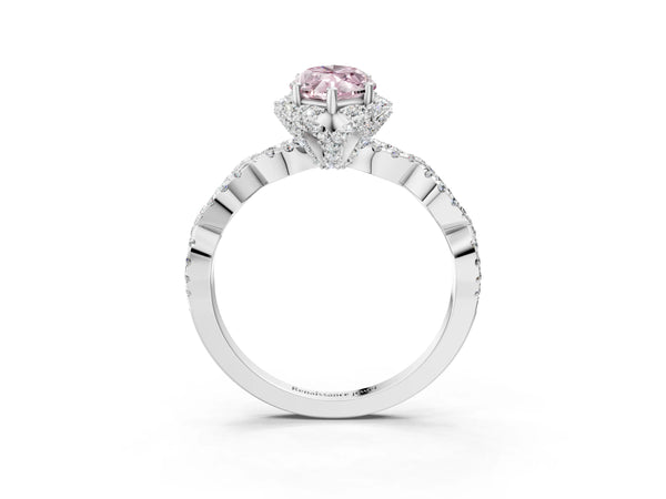White gold Fancy Pink Marquise  Halo Twist Band Solitaire Ring with Six-Prong Setting