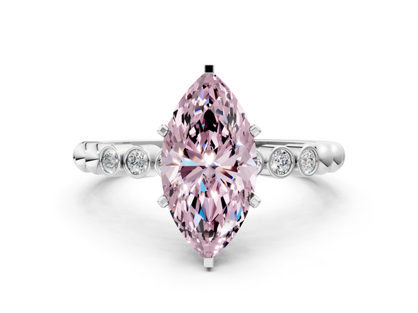 White gold Fancy Pink Marquise  Solitaire Bezel Accent Diamond Engagement Ring with Beaded Band and Four-Prong Setting