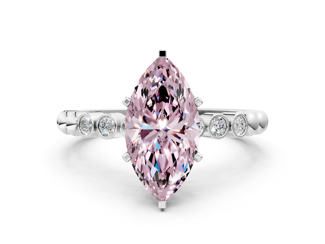 White gold Fancy Pink Marquise  Solitaire Bezel Accent Diamond Engagement Ring with Beaded Band and Four-Prong Setting_58