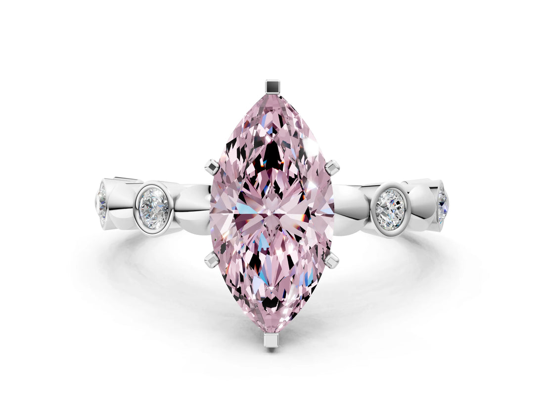 White gold Fancy Pink Marquise  Solitaire Bezel-Set Diamond Ring with Beaded Band and Four-Prong Setting_33