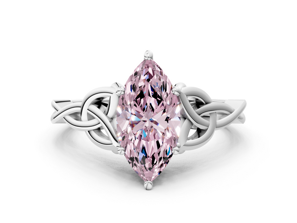 Platinum Fancy Pink Marquise Cut Diamond Solitaire Engagement Ring with Celtic Knot Band and Four-Prong Setting