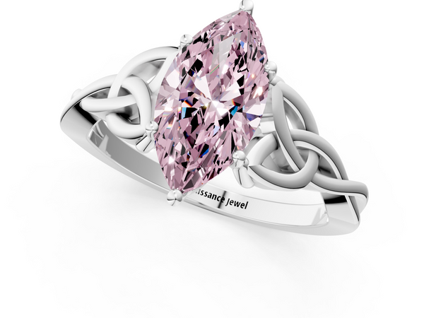 Platinum Fancy Pink Marquise Cut Diamond Solitaire Engagement Ring with Celtic Knot Band and Four-Prong Setting