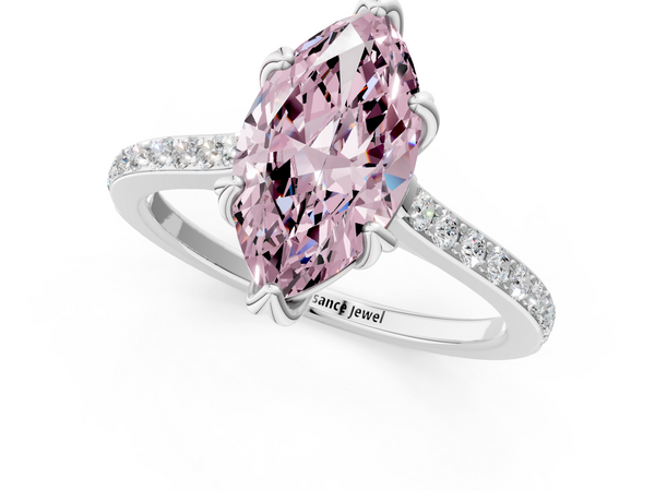 White gold Fancy Pink Marquise  Solitaire Diamond Engagement Ring with Pave Band and Six-Prong Setting