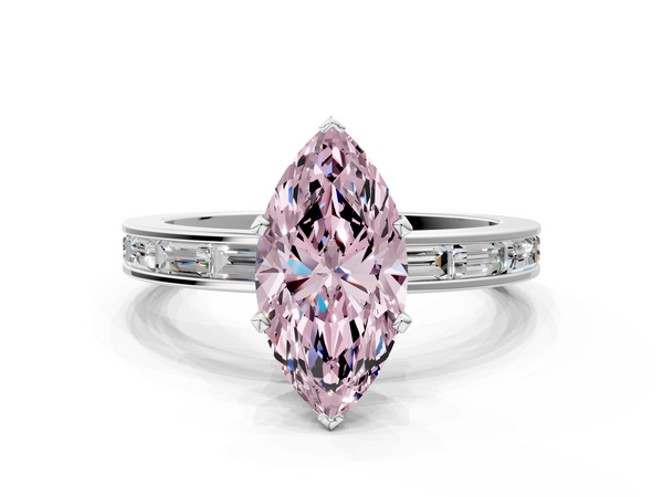 Platinum Fancy Pink Marquise  Solitaire Diamond Ring with Channel-Set Baguette Band and Four-Prong Setting
