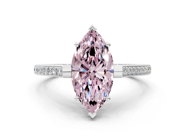 Platinum Marquise Vintage Cathedral Engagement Ring Setting for Fancy Pink Center with Engraved Band