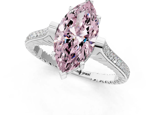 Platinum Marquise Vintage Cathedral Engagement Ring Setting for Fancy Pink Center with Engraved Band
